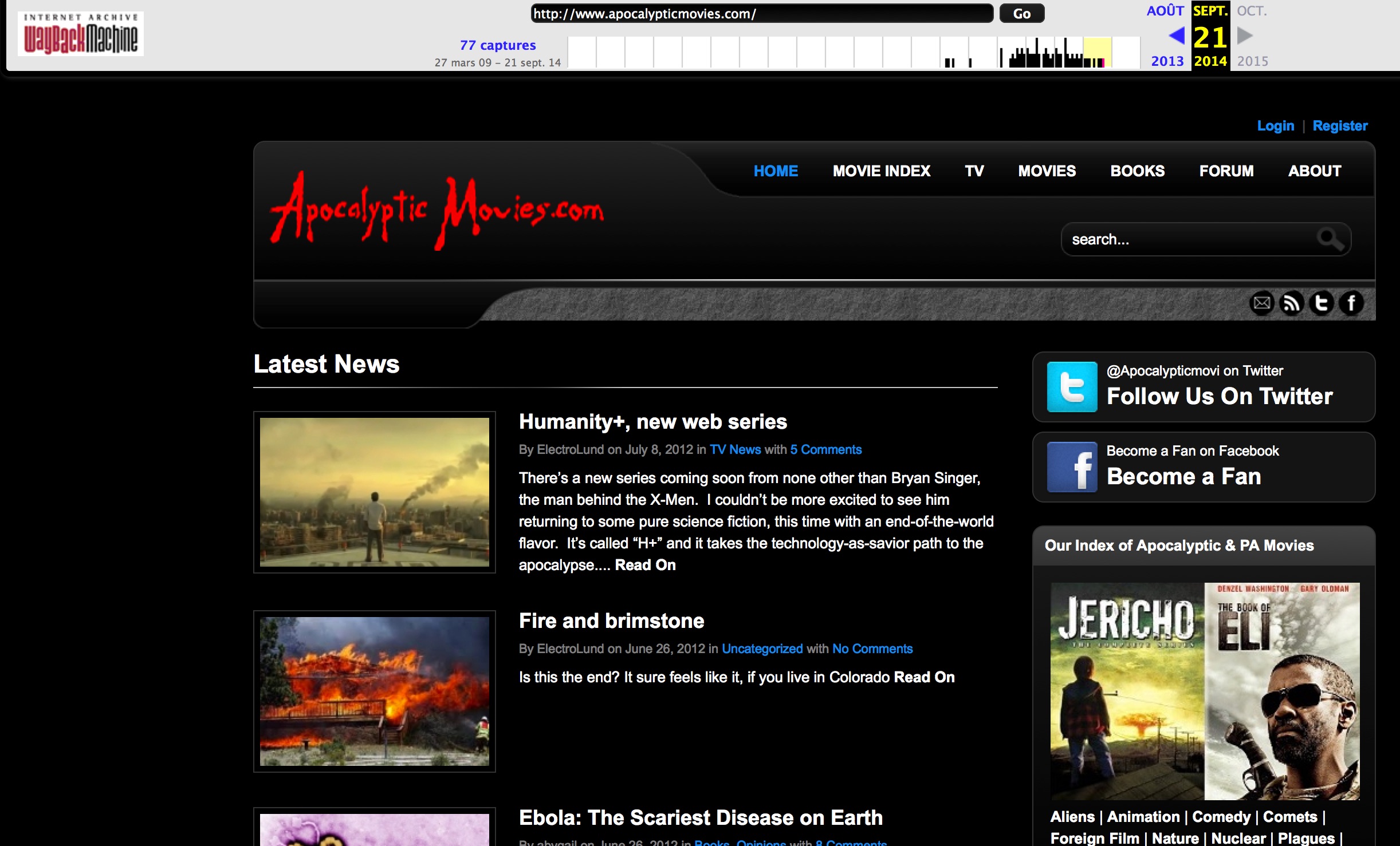 Capture d’écran de la page d’accueil du site, conservée sur Internet Archive Wayback Machine 