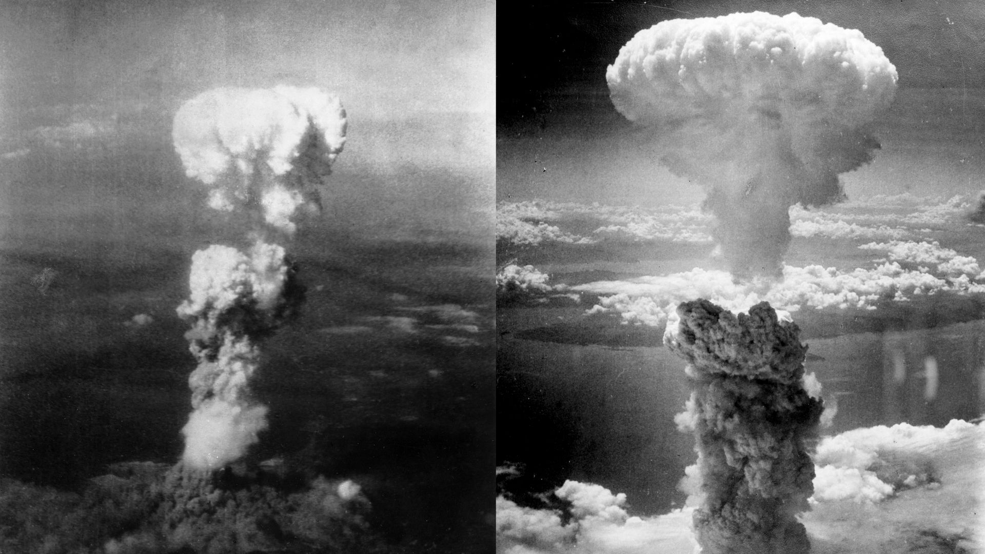 À gauche, champignon atomique sur Hiroshima. Photographie prise par Georges R. Caron le 6 août 1945.
À droite, champignon atomique au-dessus de Nagasaki. Photographie prise par Charles Levy le 9 août 1945.

