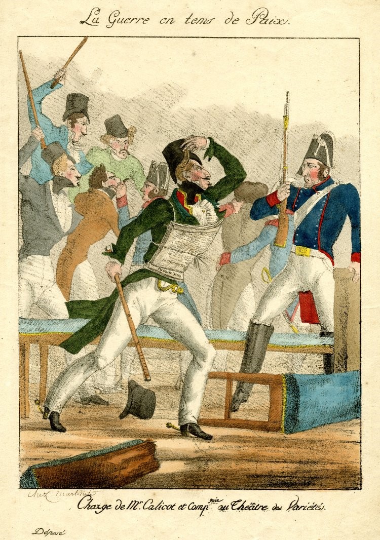 Fig.3 La guerre en tems de paix. Charge de Mr Calicot et comp., au Théâtre des Variétés, 1817, lithographie coloriée, 300 x 204 mm,  chez Martinet. Londres, British Museum. 
