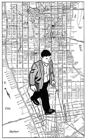 Daniel Quinn marchant dans Manhattan (mis en image par Karasik et Mazzucchelli) 