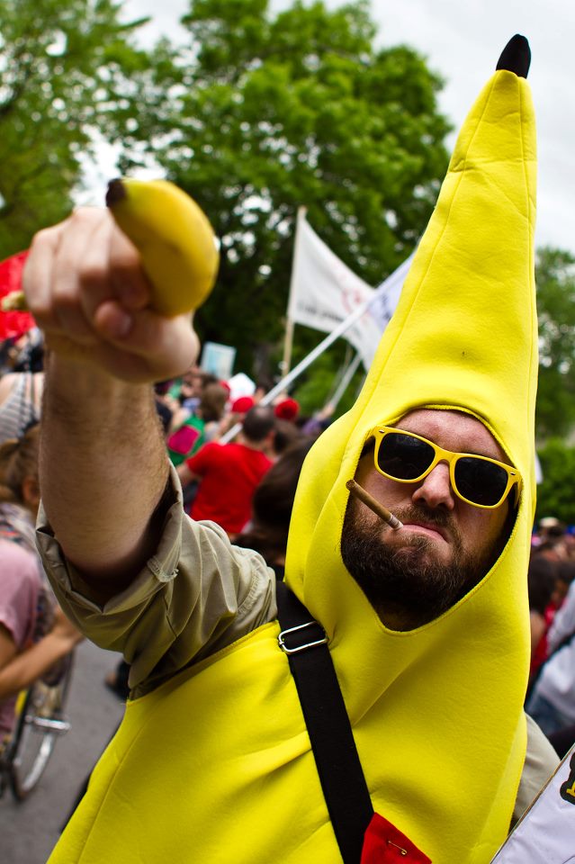 Auteur inconnu. 2012. «Banane Rebelle» [Photographie]  Banane Rebelle à la manifestation du 22 mai 2012 à Montréal. Photo provenant de la page Facebook: https://www.facebook.com/photo.php?fbid=209819269138867&set=a.209181749202619.46005.209179102536217&type=1&theater 