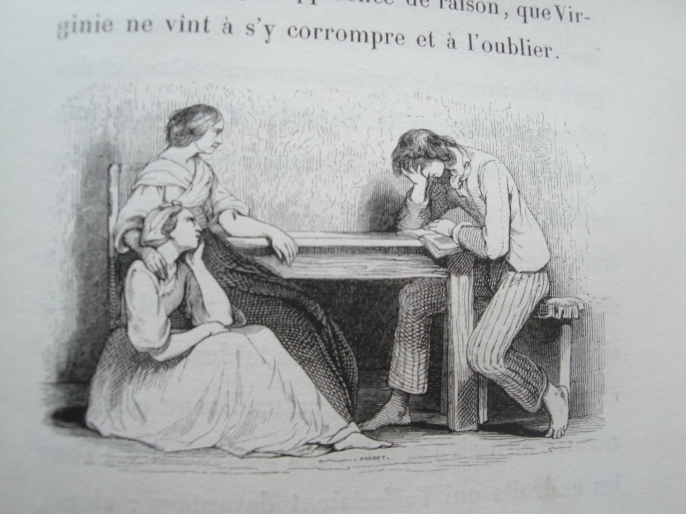 Paul attablé et triste, sous le regard de Madame de la Tour et Virginie. Léon Curmer, 1838. Figure 16.

