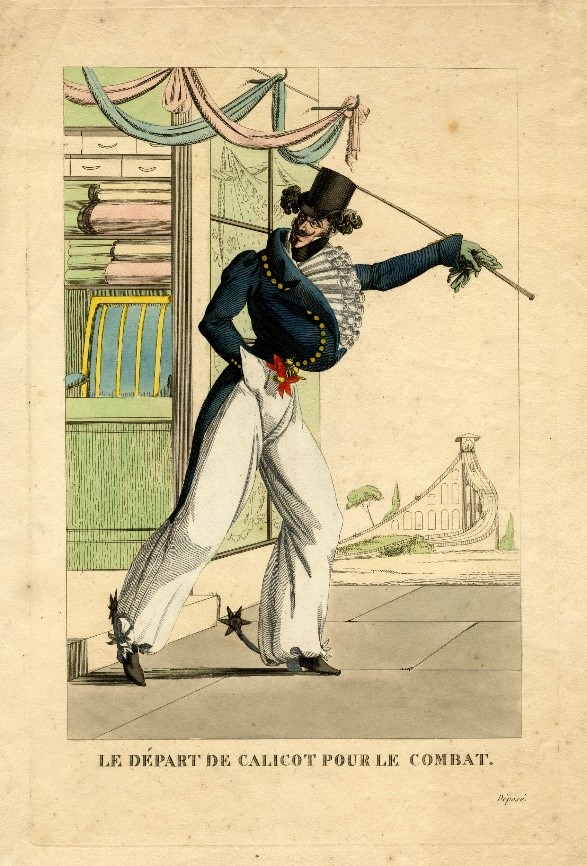 Fig. 16 Alexandre, Le Départ de Calicot pour le Combat, gravure à l’eau-forte aquarellée, 1817, chez l’auteur. Londres, British Museum. 
