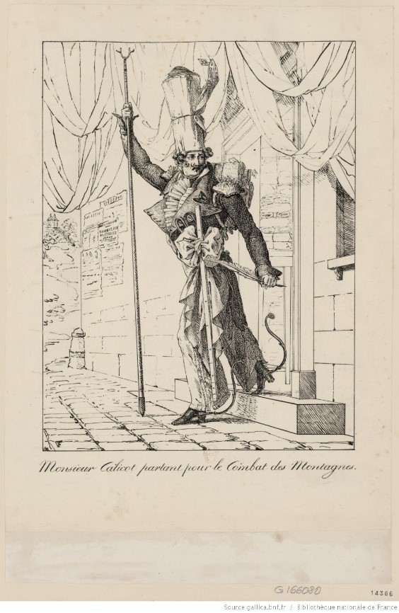 Fig. 17 Pierre-Roch Vigneron, Monsieur Calicot partant pour le Combat des montagnes, lithographie, 1817, chez l’auteur.  Photo Gallica.
 
