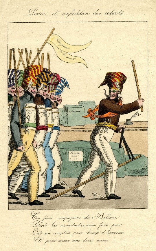 Fig. 18 Levée et expédition des calicots, lithographie aquarellée, 1817, chez Engelmann. Londres, British Museum.
