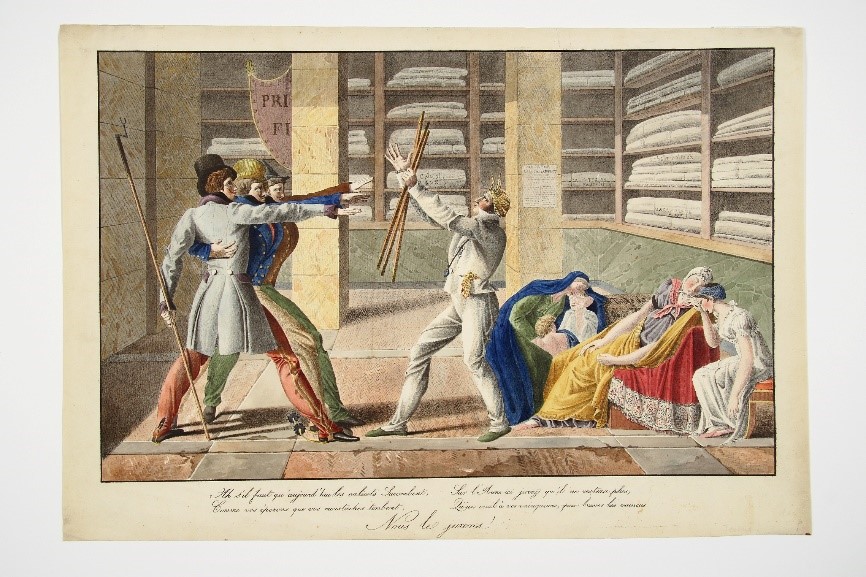 Fig. 19 Pierre-Roche Vigneron (attr.), [Serment des Calicots], lithographie aquarellée, 1817, chez Engelmann.
