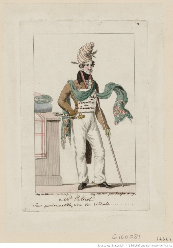 Fig. 20 Guillot, Mr Calicot, sous les Armes. Sans personnalité, rions du Ridicule….., gravure en taille-douce aquarellée, 1817, chez Martinet.
