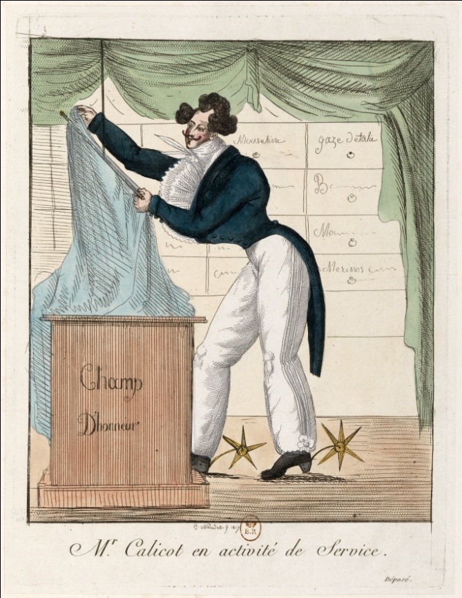 Fig.5 Caroline Naudet, Mr. Calicot en activité de Service, 1817, chez Ledoyen, gravure à l’eau-forte coloriée.
