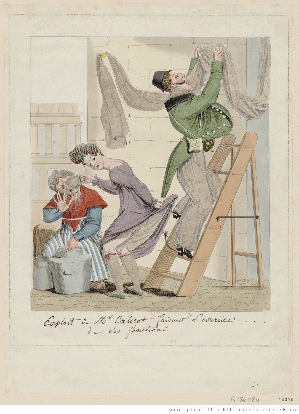Fig. 6 Exploit de M.r Calicot faisant l’exercice…… de ses fonctions, gravure à l’eau-forte coloriée, 1817, chez Janet. Photo Gallica.
