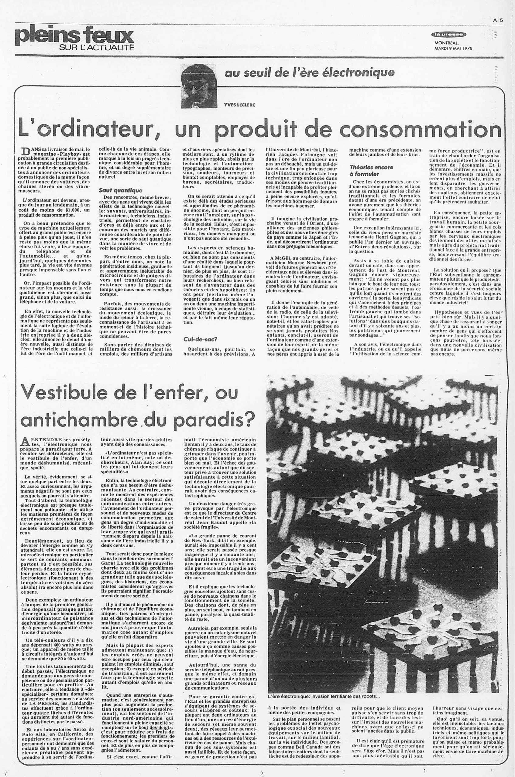 La Presse. 9 mai 1978 [Article de journal]
