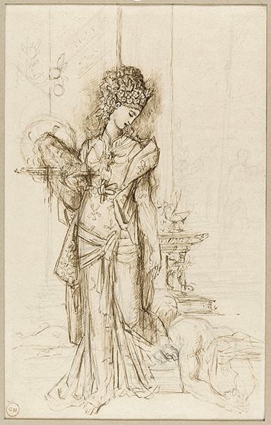 Fig. 7: Moreau, Gustave. Année inconnue. “Dessin 2690” [Plume et encre brune, mine de plomb] Salomé tenant la tête de saint Jean-Baptiste, H. 29,7 cm; L. 18,7 cm (vue), Paris, musée Gustave Moreau. 