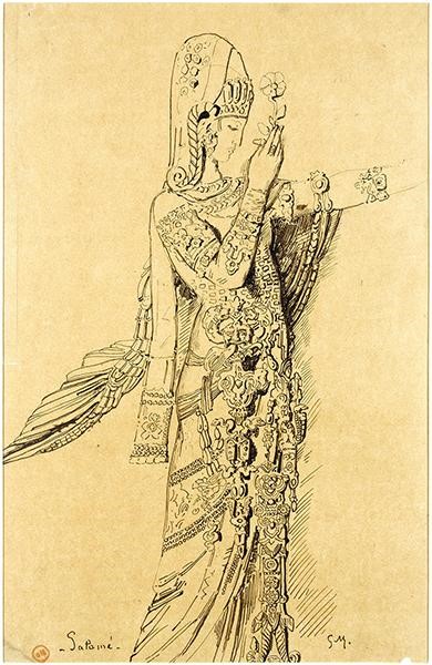 Fig. 8: Moreau, Gustave. Année inconnue. “Dessin 2278” [Plume et encre noire sur papier-calque contrecollé] Salomé, Étude en rapport avec Salomé (dansant devant Hérode), H. 43,3 cm; L. 27,9 cm (vue), Paris, musée Gustave Moreau. 