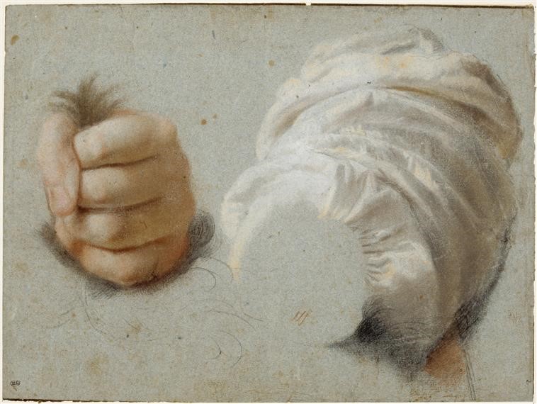 Fig. 4: Allori, Cristofano. XVIe siècle. «Étude de manche et poing tenant une touffe» [Pierre noire, sanguine, pastel rose et jaune, avec gouache et craie blanche, sur papier bleu] 