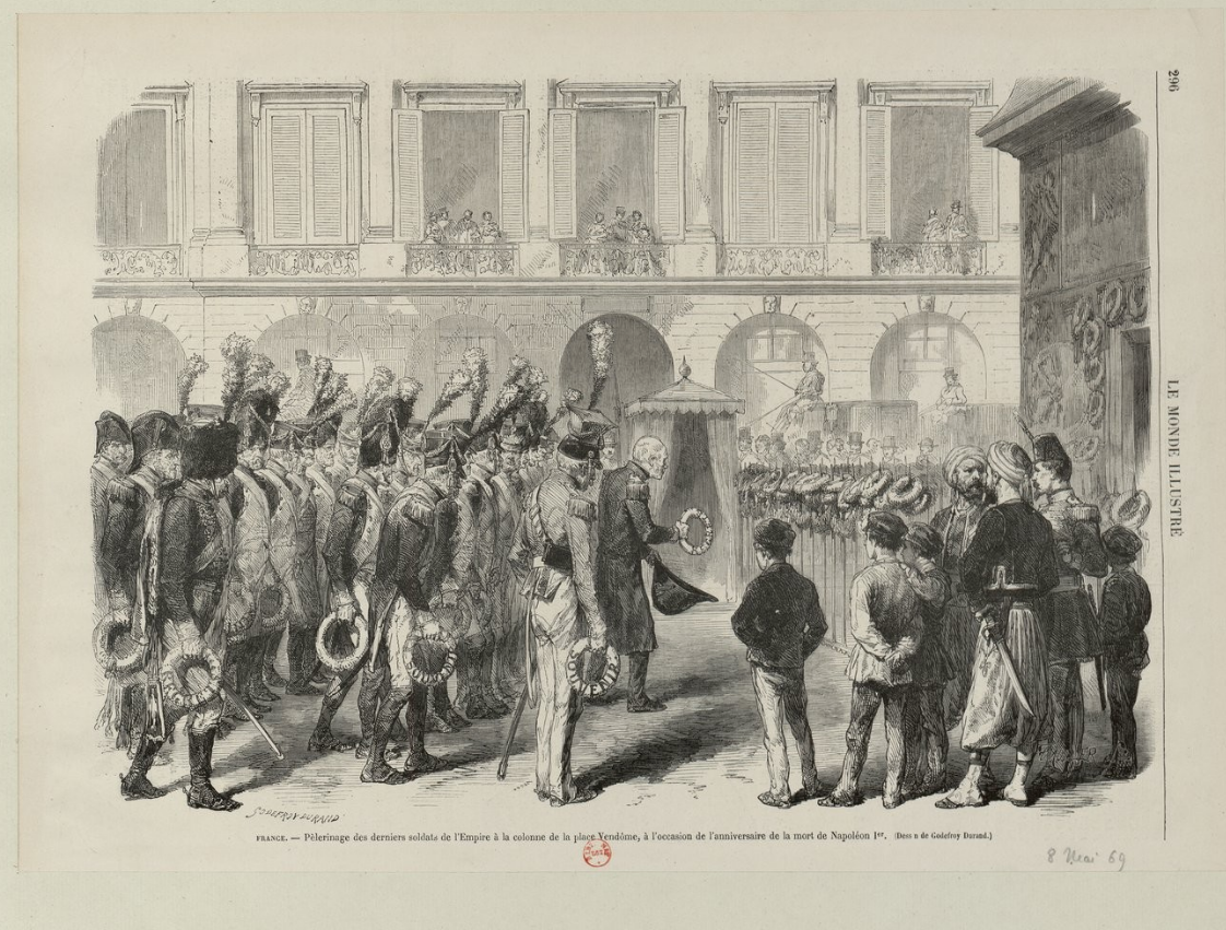 Godefroy Durand. Pèlerinage des derniers soldats de l’Empire à la colonne Vendôme, à l’occasion de l’anniversaire de la mort de Napoléon 1er, [s. é, s. d]. 