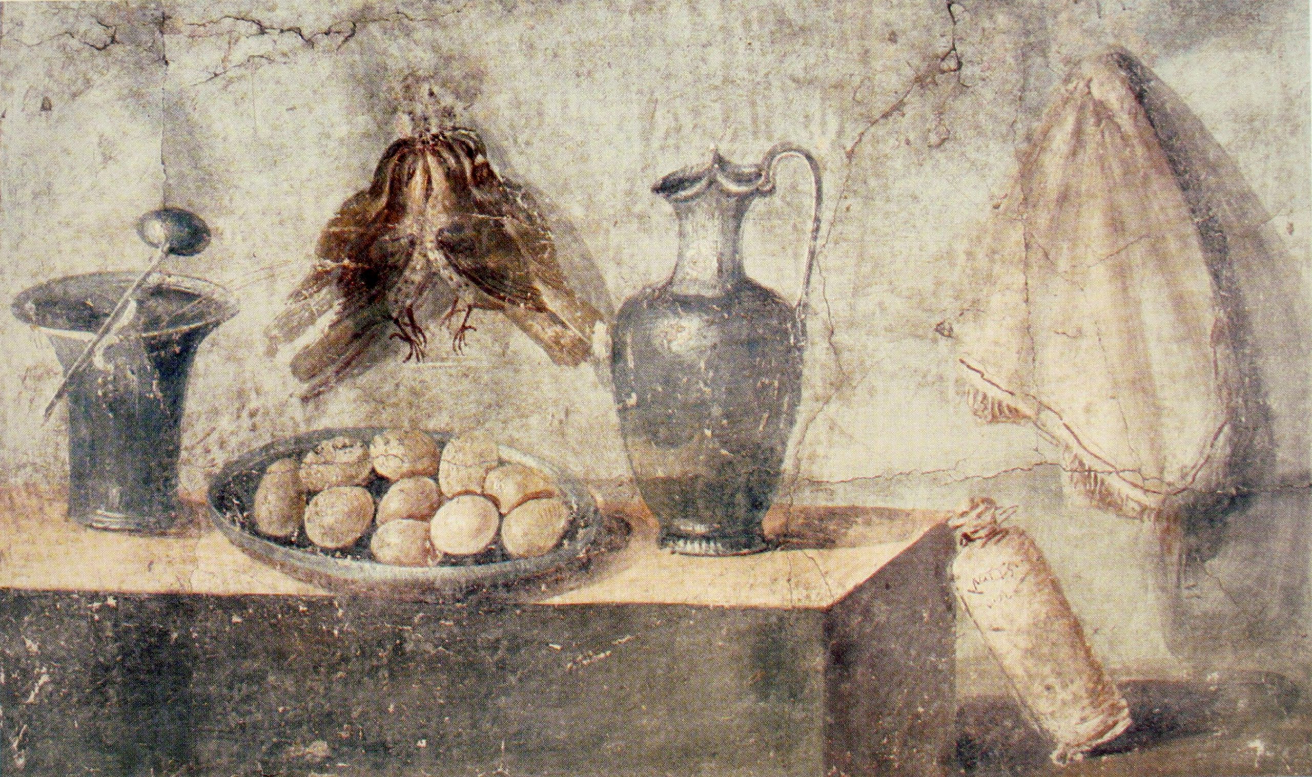 Artiste inconnu. 50-79 AC. Nature morte avec des oeufs, des oiseaux et de la vaisselle en bronze, de la Maison de Julia Felix, Pompéi. Fresque. 