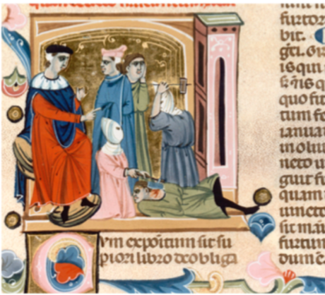 (fig.1) Exécution à Bologne. Institutes, Livre IIII, Ier quart du XIVe siècle, Paris, BnF, ms. 4438, f° 55 (cl. BnF). 
