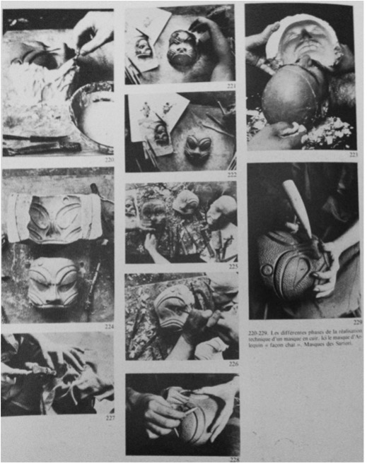 (Fig.2) Différentes étapes de la confection d’un masque de théâtre en cuir. Le masque est celui d’Arlequin façon chat, rendu célèbre par Amleto Sartori. C’est la déclinaison la plus commune du masque d’Arlequin. (Sartori: 190) 