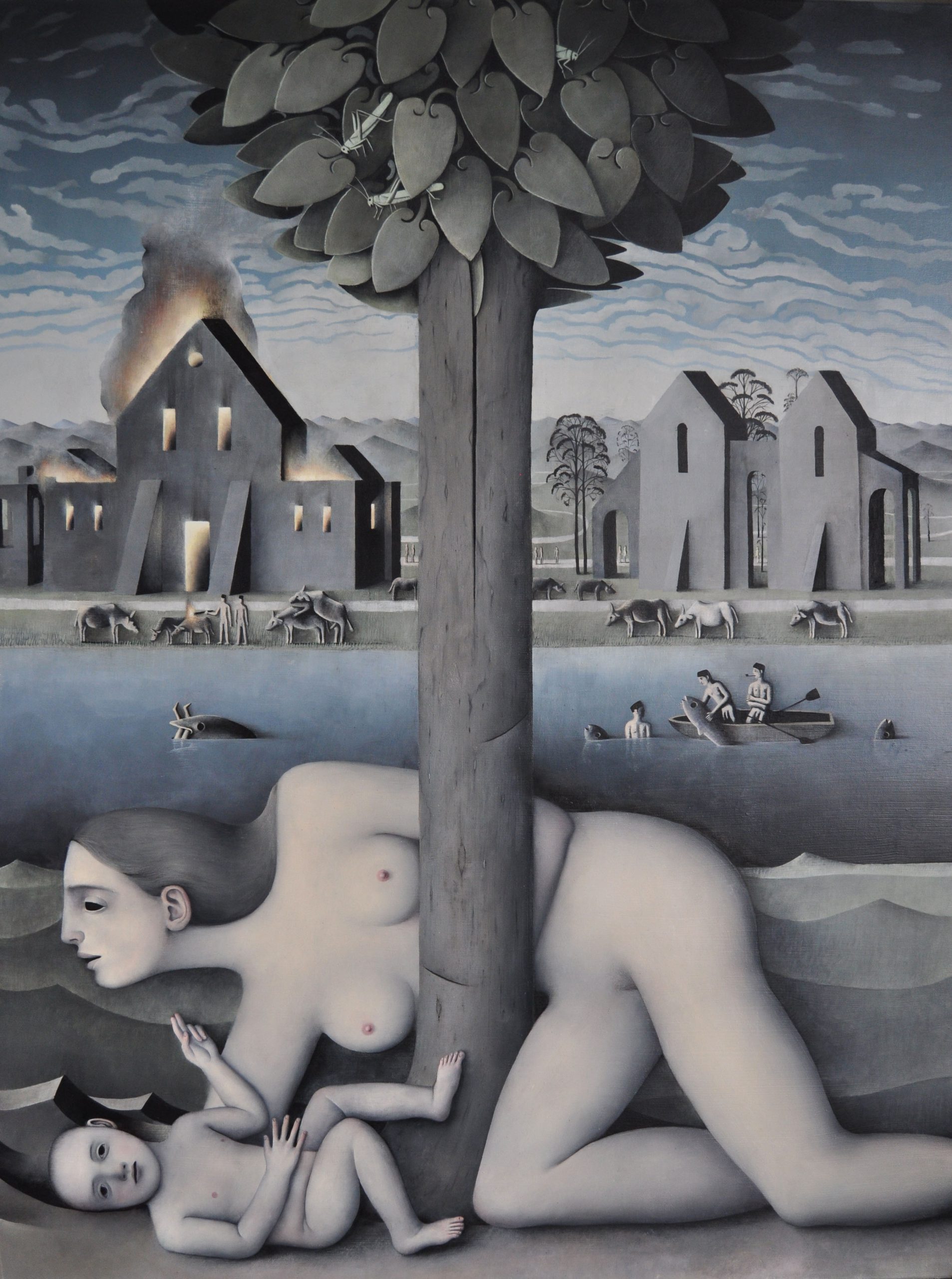 James Mortimer, Landscape with burning house, 2014, huile sur toile, 91 x 121 cm, collection privée. 