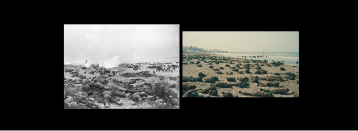 (Fig.7) Christopher Nolan’s Dunkirk. From Archives to Movie. 2018. © Ropert Titouan. Vidéo en ligne. Hommes étendus sur la plage après un bombardement, archives à gauche et Dunkirk à droite. 